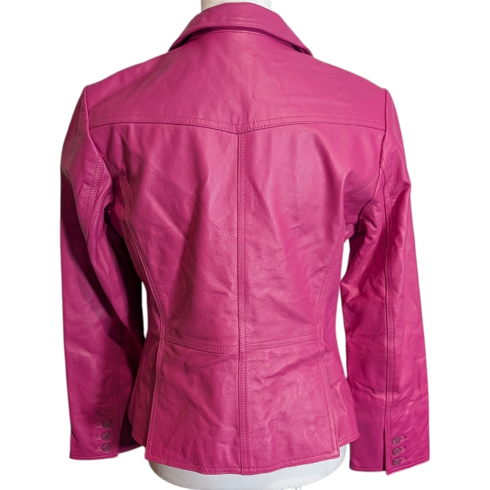 Vintage 90s Pamela McCoy Fuchsia Genuine Leather Jacket Blazer Style size Small - Picture 4 of 10